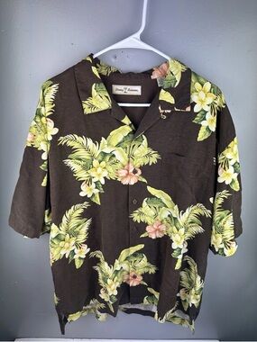Tommy Bahama Brown Floral Hawaiian Camp Shirt with Yellow & Green Print